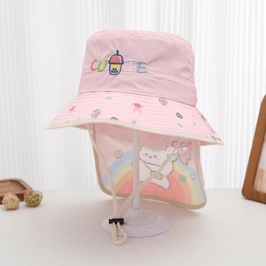 Detail of pink sun hat featuring a cute rabbit print and adjustable neck protection flap