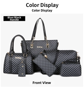 Blue and black geometric print handbag set including tote bag and matching accessories
