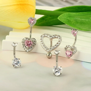 Piercings de nombril en cœur de zircon rose et blanc avec finition en acier argenté