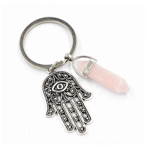 Detail of Hamsa Hand charm with evil eye and pink hexagonal crystal pillar keychain