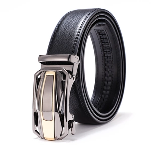 Men's black leather belt with textured strap and two-tone geometric automatic buckle