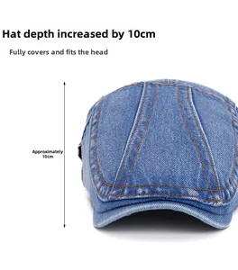 Detail of blue denim beret showing the 10cm cap depth and orange stitching details