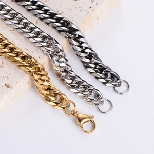 Polished stainless steel Cuban link chains in gold, silver and black with lobster clasps