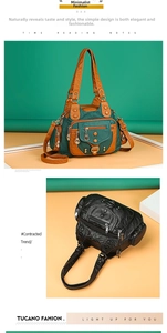 Detail view of multi-pocket washed leather handbag with bronze rivets and dual-tone texture