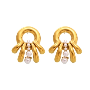 French style multi-layered gold earrings with pearls and artistic curved metal tubes