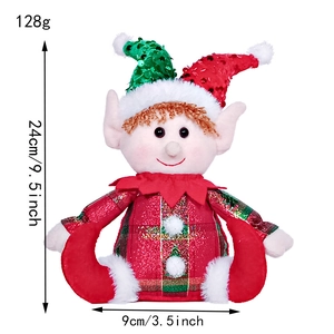 Christmas elf plush doll ornament with red and green sequins, 24cm sitting holiday decoration