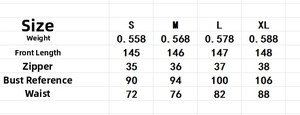 Detailed size chart for the pleated one-shoulder dress showing S to XL measurements