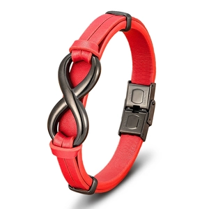 Red braided leather bracelet for men featuring black stainless steel infinity clasp