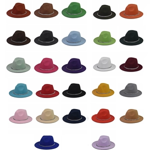 Classic wide brim fedora hats in various colors with decorative silver metal chain band