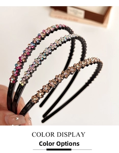 Detailed close-up of a three-piece set of slim rhinestone headbands in multiple colors