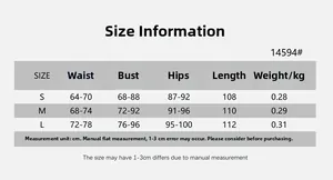 Detaillierte Größentabelle für das rückenfreie Kleid mit Maßen für Brust Taille und Hüfte
