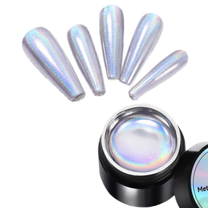Silver laser mirror nail powder with holographic rainbow effect and five coffin nail tips