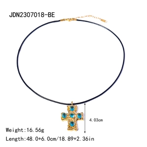 18k gold-plated stainless steel cross necklace with blue crystal and wax cord strap
