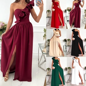 One Shoulder Rüschenbesatz Hoher Schlitz Maxikleid Elegant Ärmellos Polyester Abendparty Kleid Damen