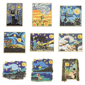 Artistic oil painting enamel pins set featuring classic cartoon and starry night designs