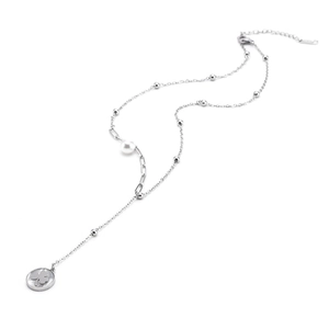 Silver stainless steel necklace featuring white pearl and clover pendant on a bead chain