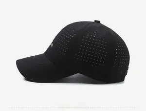 Side view of black quick-dry baseball cap with laser-cut mesh holes for breathability