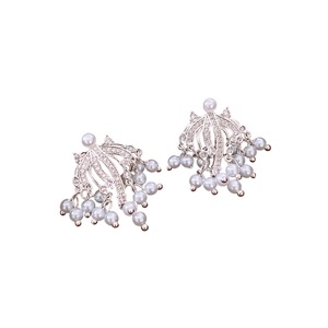 Elegant silver fireworks tassel earrings with sparkling crystals and white pearls