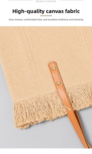 Detailed macro view of beige canvas tote with fringe trim and leather rivet strap
