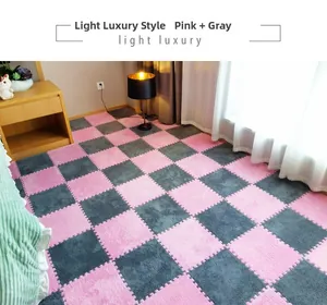 Pink and gray interlocking plush foam mats arranged in a checkered pattern in a bedroom
