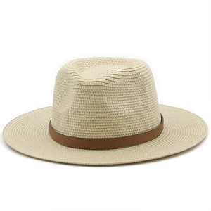 Classic summer straw Fedora hat in cream with brown leather band for beach sun protection