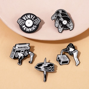 Retro Music Enamel Pins For Clothing Bags Alloy Brooches Vintage Vinyl Record Skeleton Hands Punk Surreal Art Accessories