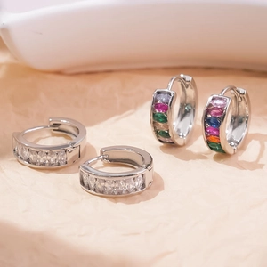 Silver geometric C-shaped brass hoop earrings with vibrant colorful marquise zircon stones