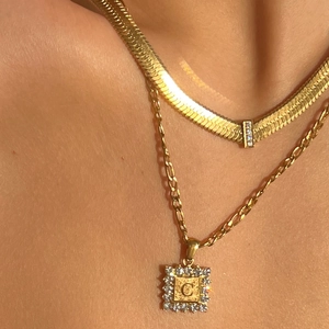 18k gold plated double layer necklace with letter C pendant and cubic zirconia