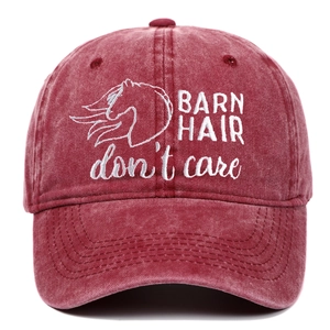 Detail showing white embroidery with horse motif on washed burgundy baseball cap