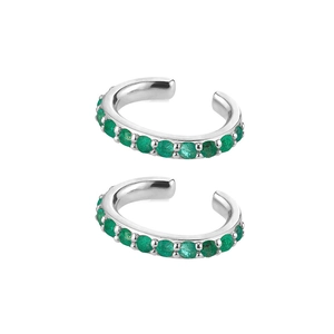 Macro detail of S925 silver ear cuffs with emerald green cubic zirconia inlay set
