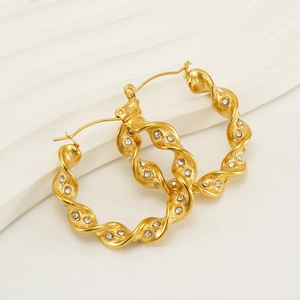 Boucles D'oreilles Créoles Torsadées Plaqué Or 18K Acier Inoxydable Avec Zirconium Design Spirale Bijoux Mode Femme