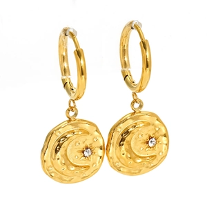 18K gold plated stainless steel hoop earrings with star and moon charms and zircons