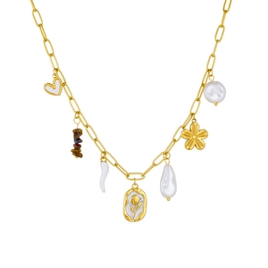 Golden necklace with heart, pearl, flower and tiger eye stone pendants on white background