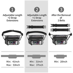 Clear fanny pack showing size specifications with adjustable strap extension guide