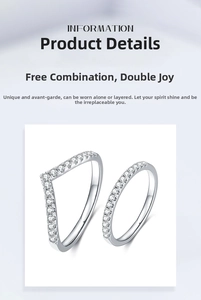 Detailed view of stacked S925 sterling silver V-shape and round bands with sparkling pavé stones