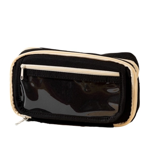 Black canvas pencil case with large capacity, transparent window and cream zippers