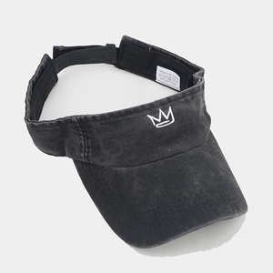 Adjustable black washed cotton sun visor with white crown embroidery for outdoor sports
