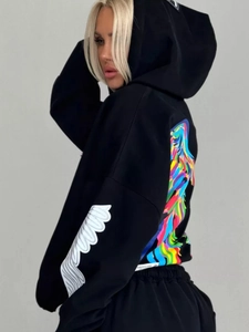 Oversized black street style hoodie featuring colorful wing print on the back and sleeve