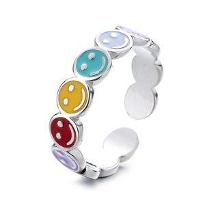 Rainbow smiley face adjustable open ring in silver metal with colorful enamel charm