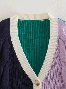 Dettaglio del cardigan in maglia color-block con scollo a V, trama a coste e bottone tartaruga