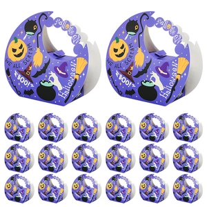Set of 20 purple Halloween paper gift boxes with moon handle, pumpkin and witch designs