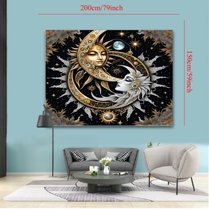 Tapisserie murale soleil et lune psychédélique 200x150cm au-dessus d'un canapé