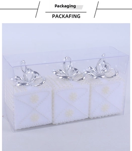 Three white pearl texture Christmas gift box ornaments in a transparent PVC package