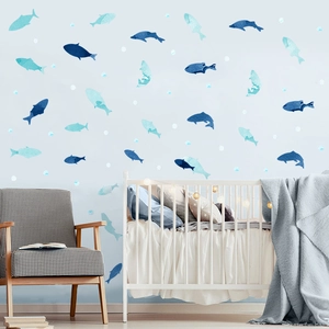 Nautical watercolor ocean fish wall stickers for nursery and bathroom decoration