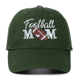 Close-up of high-quality Football MOM embroidery on a dark green cotton baseball cap