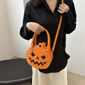 Chic Halloween pumpkin shoulder bag with spooky spider web pattern and contrast colors