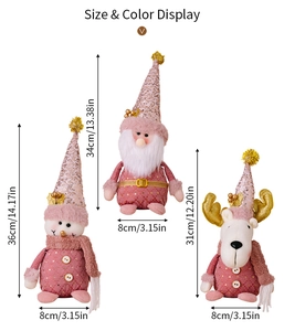 Size chart for pink Christmas plush snowman, gnome, and reindeer figurines with sequins