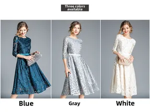 Detailed embroidery and floral hollow patterns on women's slim mid-length lace dresses
