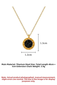Detail of titanium steel necklace showing Roman numerals and black crystal pendant size