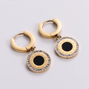 18K gold plated Roman numeral earrings with black disk and sparkling crystals for women